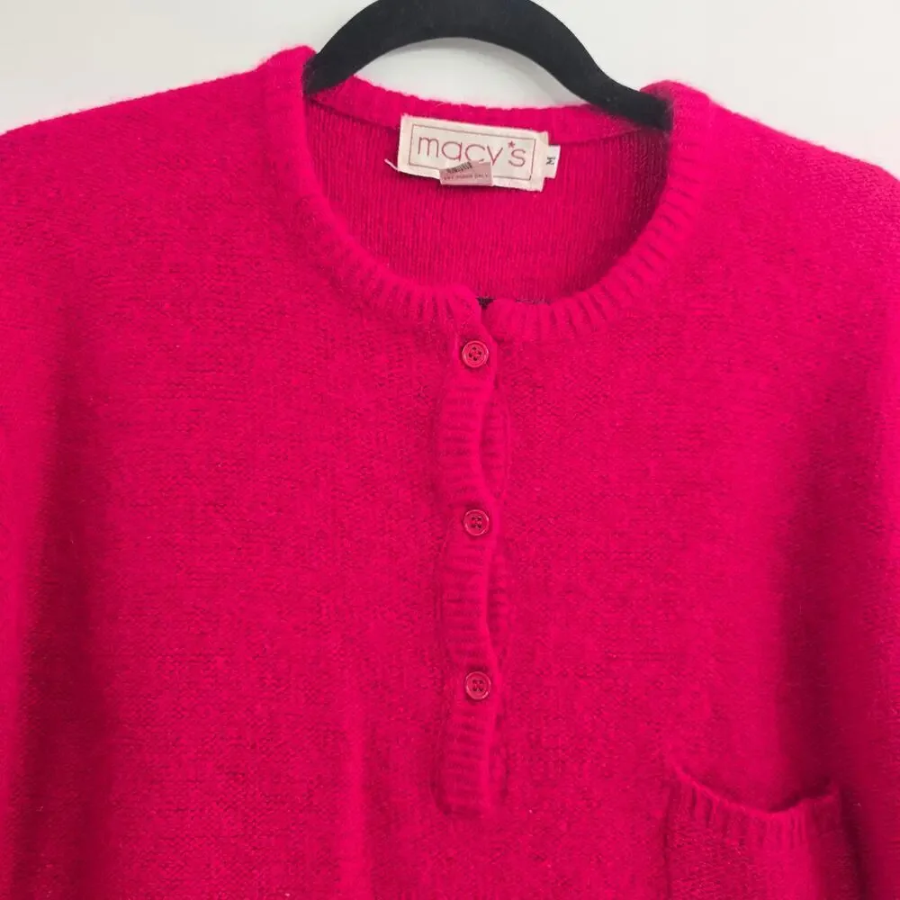 VTG Henley Sweater Red Sz M Silk Rabbit Hair Soft Cozy Y2K Minimalist Preppy
